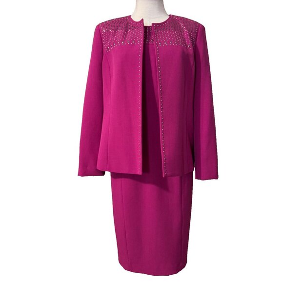 Kasper Dress & Jacket Blazer Suit Berry Pink 12 Silver Studded Neckline Stretch - Picture 2 of 15